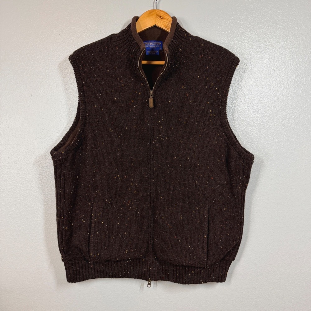 Pendleton Sweater Vest Mens Large Brown Shetland Wool Reversible Fleece Full Zip